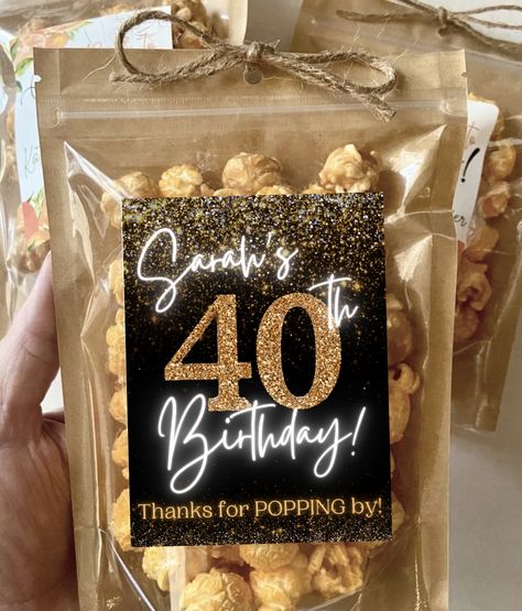 Your guests are sure to love these adorable stand-up customized popcorn bags! The bags come with a custom label already attached and pre-cut pieces of your choice of ribbon or twine. When your bags arrive, simply stuff with your favorite popcorn and pass out for all your guests to enjoy! Feel free to message me if you have any custom design requests.  PRODUCT DETAILS:  -Custom label and zip bag + ribbon/twine -Personalized 4"x3" glossy waterproof white or kraft brown labels -Standing zip pouches 45 Birthday Party Favors, Party Favours For 40th Birthday, 45th Birthday Party Favors, 40th Birthday Favors For Women, Birthday Giveaway Ideas For Adults, Liquor Party Favors, Goody Bag Ideas For Adults, 50th Birthday Favors Ideas, Birthday Goodie Bags Ideas For Adults