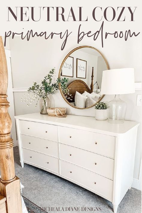 Come tour our neural and cozy primary bedroom refresh. Easy tips to refresh your primary bedroom into a cozy retreat. White bedroom furniture from Arhaus Henley collection. Off White Bedrooms, Dresser And Chest, Dresser Decor Bedroom, White Bedroom Set, Bedroom Ideas For Couples Modern, Wood Bedroom Furniture, Farmhouse Master, White Bedroom Furniture, Bedroom Master