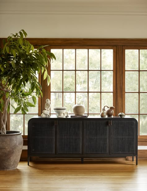 Brooke Solid Oak Sideboard With Cane Paneled Doors Curved Sideboard Buffet, Under Tv Sideboard, Walnut Wood Decor, Dark Wood Floors Decor, Sideboard In Front Of Window, Buffet In Front Of Window, Dining Room Sideboard Ideas, Dining Room With Sideboard, Entryway Sideboard