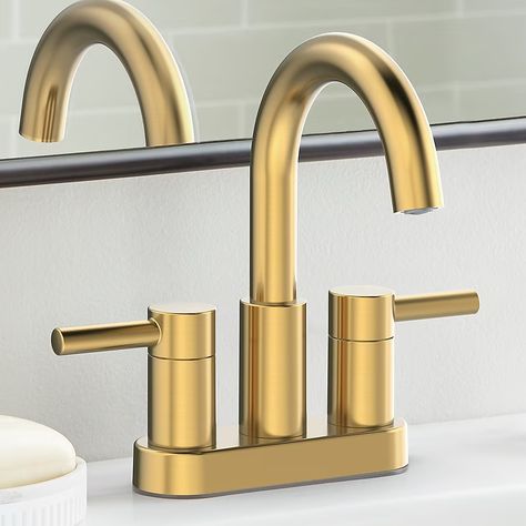 allen + roth Harlow Brushed Gold 4-in centerset 2-Handle WaterSense Bathroom Sink Faucet with Drain and Deck Plate in the Bathroom Sink Faucets department at Lowes.com Gold Bathroom Fixtures Sink Faucets, Bathroom Vanity Sinks, Gold Bathroom Sink Faucet, Brass Faucet Bathroom, Sink Faucets Bathroom, Gold Bathroom Fixtures, Midcentury Modern Bathroom, Gold Bathroom Faucet, Gold Faucet