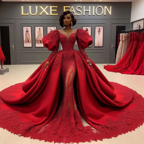 Luxe illustration | Comment your favorite color 🔥 Designs @luxe_illustration What we do : -Help bring fashion ideas to life -Help communicate fashion… | Instagram Luxurious Red Dress, Red Bride Dress, Pedi Dresses, Md Dresses, Red Evening Dresses, African Bridal Dress, Ankara Dress Designs, Queen Outfits, Red Evening Gowns