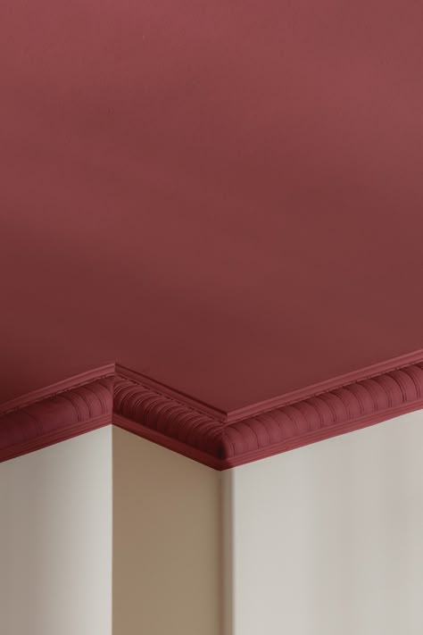 Red Painted Ceiling, Dark Red Ceiling, Red Ceiling Living Room, Muted Wall Colors, Dark Pink Ceiling, Red Ceiling Bedroom, Maroon Ceiling, Maroon Wall Paint, Hallway Painted Ceiling