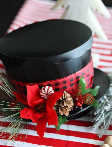 Dollar Tree Snowman Hat Diy, Christmas Buckets Diy, Snowman Top Hat Diy, Diy Dollar Tree Snowman Crafts, Snowmen Hats How To Make, Snowman Hat Centerpiece Diy, Diy Snowman Top Hat, Snowman Christmas Decor Ideas, Diy Snowman Centerpiece Ideas