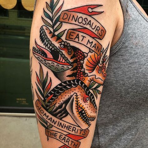 Doesn’t sound all bad 😉 Jurassic Park tattoo for the lovely Megan. When I’m not making tattoos I’m watching and collecting movies, so bring me all your film based tattoos! Especially horror/sci-fi/action/adventure/cult. Thanks again Megan! Loved making this one. #jurassicpark #jurassicparktattoo #traditionaltattoo #oldsoulstattoo #ellensaintm #kc #kctattoo #ladytattooers @ladytattooers Jurassic Park Tattoo, Jurrasic Park, Make Tattoo, Body Is A Temple, Leg Sleeves, American Traditional Tattoo, American Traditional, S Tattoo, Old School Tattoo