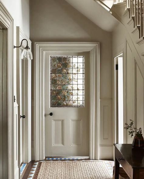 What is colour drenching? The secret to this bold interior trend - Emily May Molding On Entry Way, Emma Milne Interiors, Stain Glass In House, Aesthetic Door Design, Stained Glass Entryway, House Interiors Cozy, Stained Glass Home Decor, Stained Glass In House, Stained Glass Doors Interior