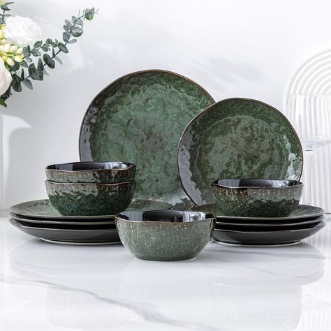 PRICES MAY VARY. 【WHAT YOU WILL RECEIVE】 This 12-piece dinnerware set includes 4 x 10.5-inch dinner plates, 4 x 8.0-inch salad plates, and 4 x 24 oz cereal bowls. Ideal for small families, couples, or individuals, this set perfectly meets all your dining needs with four complete place settings. 【STURDINESS AND SAFTY】our products made of highly viscous natural materials,after 2300℉ high temperature firing for 17 hours,so they are light weigh,Sturdiness,Durability,extra stronger to prevent scratch Unique Plate Sets, Ceramic Dinner Plate, Green Dishes Set, Dish Sets Dinnerware Unique, Uni Prep, Stone Dinnerware, Dishes Sets, Rustic Tableware, Rustic Dinnerware