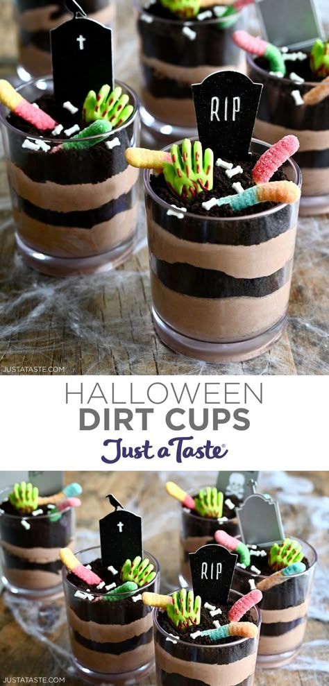 Top image: Halloween Dirt Cups in small parfait glasses with layers of chocolate pudding and cookie "dirt" topped with gummy worms, bloody mummy hands, candy bones and tombstone cake toppers. Bottom image: The best Halloween Dirt Cups with candy bones, green gummy hands, gummy worms and RIP signs. Halloween Dirt Pudding, Halloween Dirt Cups, Dirt Cake Cups, Dirt Cups Dessert, Dirt Pudding Recipes, Dirt Cups Recipe, Halloween Picnic, Halloween Dirt, Dirt Pudding Cups