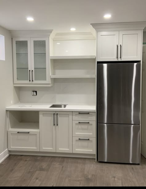 Small Bar Renovation, Kitchen Cabinets In Basement, Kitchenette With Refrigerator, Cabinets For Small Kitchen Layout, Wet Bar With Fridge And Sink, Small Kitchen Ideas Fridge, Wet Bar With Microwave And Fridge, Basement Ideas Kitchen, Rec Room With Kitchenette