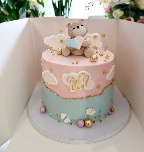 Gender Reveal Ideas For Cake, Gender Reveal Cake Teddy Bear, Gender Reveal Cake Decoration, Blue And Pink Cake Design, Baby Gender Cake Ideas, Pink And Blue Baby Shower Cake, Cakes For Gender Reveal, Deco Gender Reveal, Cute Gender Reveal Cakes