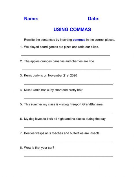 Comma Worksheets, Using Commas, Practice English Grammar, Capital Letters Worksheet, Flashcard Maker, Comma Rules, Learning Kindergarten, Punctuation Worksheets, Kim Brown