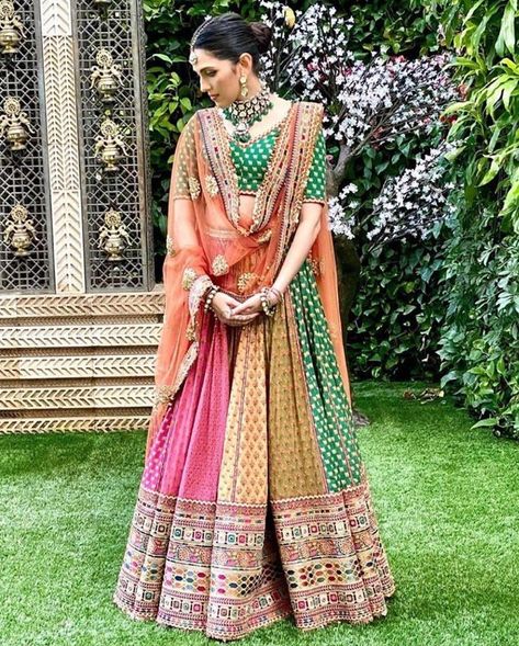 Multicolored Lehengas For Summer Weddings.   #multicoloredlehenga #bridalinspo #lehengainspiration #indianweddinginspiration #shaadisaga #shaadisagafashion Multicolored Lehenga, Mehendi Lehenga, भारतीय दुल्हन संबंधी, Lehenga Bridal, Bridal Lehenga Designs, Navratri Dress, Sabyasachi Lehenga, Mehendi Outfits, Fashion Indian