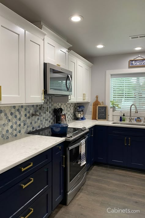 Blue And White Kitchen Cabinets, Blue Kitchen Interior, Navy Kitchen Cabinets, Navy Blue Kitchen Cabinets, Blue White Kitchens, Two Tone Kitchen Cabinets, Navy Blue Kitchen, Blue Kitchen Cabinets, Two Tone Kitchen