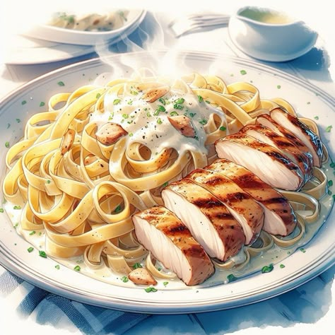 Anime Pasta Art, Anime Foods Aesthetic, Pasta Illustration, Animation Food, Cool Digital Art, Japanese Food Illustration, Animated Food, Chicken Alfredo Pasta, Cheap Food