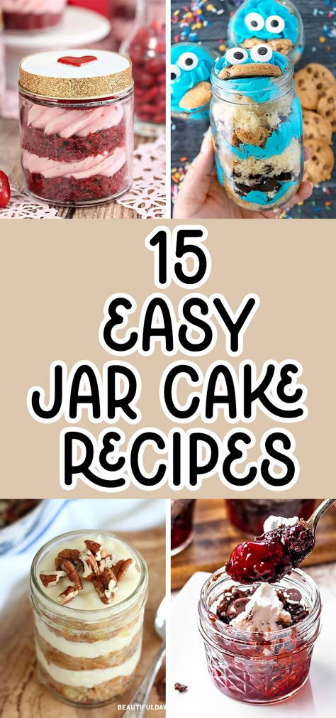 Looking for mouthwatering jar cake recipes? These delectable and easy-to-make jar cakes are perfect for any occasion. From birthdays to anniversaries, these sweet treats will impress your loved ones. You'll find red velvet cake, carrot cake, cookie monter cake, and more. Red Velvet Cake Jars, Cake In A Jar Recipe How To Make, Cakes In Jars Recipes, Easy Jar Recipes, Cake In A Jar How To Make, Trifle In A Jar, Chocolate Cake Jars Ideas, Canned Cake In A Jar, Cupcake In A Jar Recipe