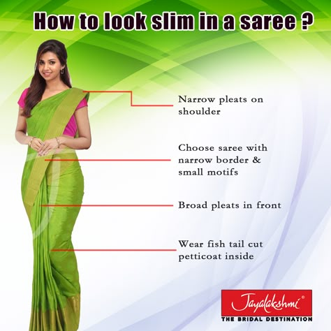 #ThursdayTips - How To Look Slim In a Saree!! There are some factors you should keep in mind while wearing a saree. Let us give you a low down on how to wear saree to look slim. Keep following our page for more #SareeTips. Have a look at our online collection of #Sarees at www.jayalakshmisilks.com #FashionTips #SareeDraping #FashionDiaries #SareeLovers #SareeCare #DesignerSarees #JayalakshmiSilks Saree For Short Height Women, How To Drape A Saree, Saree Wearing Tips, Slim Ideas, How To Wear A Sari, Saree Tips, Saree Drapes, Drape Sarees, Saree Petticoat