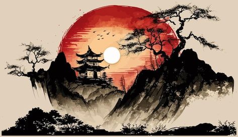 Chinese landscape with little house unde... | Premium Vector #Freepik #vector #japanese-painting #chinese-landscape #chinese-painting #chinese-mountain Chinese Nature Painting, Chinese House Painting, Chinese Scenery Painting, Traditional Chinese Painting Landscapes, Japan Landscape Art, Japanese Ink Painting Landscape, Ancient Chinese Art Painting, Japan Background Landscape, Cute Wallpapers Landscape