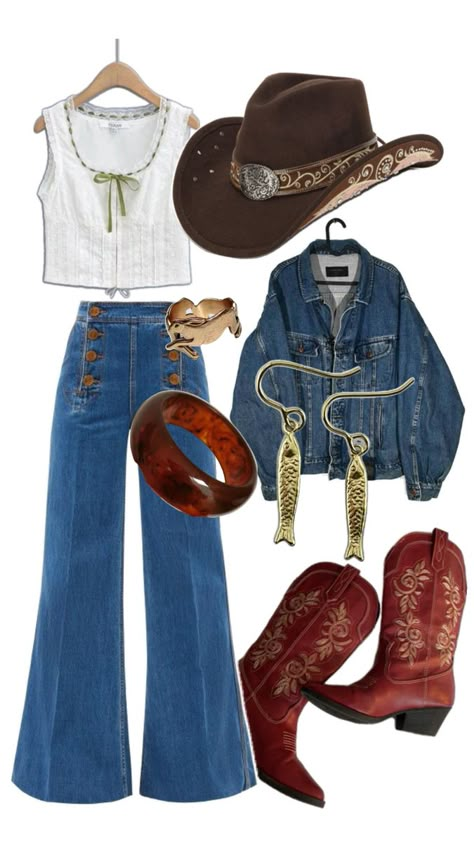 Western Outfits Bell Bottoms, 70 Western Fashion, Yellow Stone Outfits, Aesthetic Outfits With Cowgirl Boots, 80s Cowboy Boots Outfit, Disco Cowgirl Outfit Winter, Western Outfit Concert, Western Outfits Women Nfr, 1970s Country Fashion