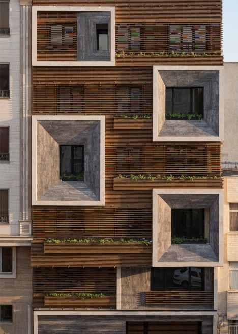 Orsi House by Keivani Architects Hotel Facade, Apartment Block, زجاج ملون, Glass Facades, Design Exterior, Building Facade, Wooden Slats, Facade Architecture, Facade Design