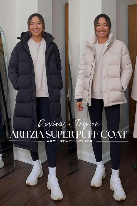 Aritzia Super Puff Coat Review + Try-On - LIFE WITH JAZZ Aritzia Super Puff Modern Taupe, Aritzia Long Puffer Jacket Outfit, Aritzia Puffer Jacket Outfit, Cream Puffer Coat Outfit, Aritzia Super Puff Mid, Longline Puffer Jacket Outfit, Super Puff Aritzia Outfit, Aritzia Super Puff Long, The Super Puff Aritzia