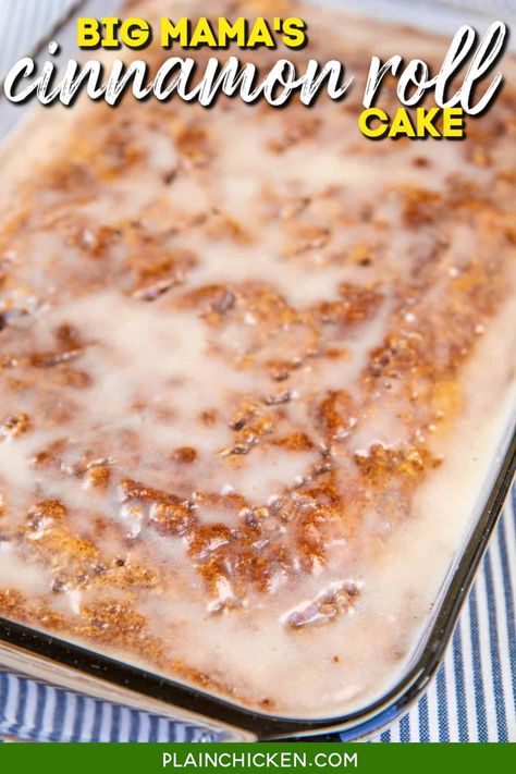 Cinnamon Roll Cake Recipe - aka Reddit's Big Mama's Secret Cinnamon Roll Cake - moist and tender cake swirled with brown sugar cinnamon and topped with a vanilla glaze. This is hands down the BEST coffee cake EVER! Sugar, shortening, self-rising flour, buttermilk, vanilla, brown sugar, cinnamon, powdered sugar, and butter. Great for breakfast or served as a dessert with vanilla ice cream. Dump Coffee Cake Recipes, Cinnamon Swirl Dump Cake, Cinnamon Dump Cake Recipes, Cinna Bun Cake In The Oven, Cinnamon Roll Gooey Butter Cake, Cinnamon Roll Cake With Box Cake, Cinnamon Roll Cake Recipe, The Best Coffee Cake, Best Coffee Cake