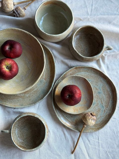 Ceramic rustic olive dinner set handmade dinnerware full set minimal stoneware plates bowls set aesthetic plate wabisabi plates gift for her Pottery Dining Sets, Wabi Sabi Dinnerware, Hand Building Plates, Ceramic Table Setting, Handmade Dinnerware Set, Stoneware Table Setting, Dinnerware Sets Unique, Plates Aesthetic, Aesthetic Pottery