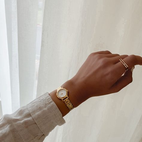 The Manhattan Gold and White Watch + 14K Gold ILU Ring  Shop the look here: https://foursixty.com/icelink/187122685/ #watch #gold #dainty #IceLink White Gold Watches Women, Gold Watch Accessories, Gold Minimalist Watch, Tiny Watches Women Gold, Small Gold Watch Aesthetic, Classic Gold Watch Women, Watches Women Dainty, Watch Women's Classy Gold, Women’s Dainty Gold Watch