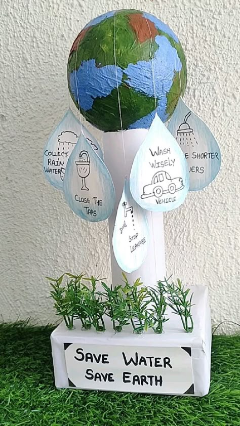 Earth Day Model Ideas, Project For Earth Day, How To Make Earth Model, Save Earth Craft Ideas, World Conservation Day Activities, Save The Earth Activities, Save The Earth Preschool Activities, Earth Projects For Preschool, Save Water Project Ideas