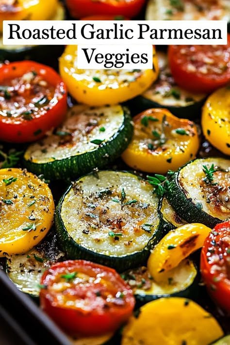 Get the perfect side dish with Roasted Garlic-Parmesan Zucchini Squash and Tomatoes. This recipe features a delicious combination of zucchini, yellow squash, and tomatoes, all roasted with garlic and parmesan to create a flavorful and healthy dish. Ideal for any meal, this easy recipe will quickly become a family favorite. Save this pin and make your next dinner extra special with this tasty roasted vegetable dish! Tomatoes Zucchini Recipes, Garlic Roasted Veggies, Dinner Recipes Using Zucchini, Dishes With Squash And Zucchini, Zucchini Yellow Squash Tomato Recipes, Italian Roasted Veggies, Easy Zucchini And Squash Recipes, Roasted Zucchini And Yellow Squash And Carrots, Side Veggie Recipes