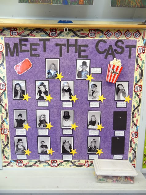 Another pic from my Open House. I had a "Meet the Cast" board for my Hollywood Theme. I took "headshots" of kids and they wrote their "bios". Drama Board Ideas, Hollywood Themed Bulletin Board Ideas, Call Board Ideas Theatre, Movie Themed School Dance, Set The Stage For Success Theme, Meet The Cast Bulletin Board, Reading Themes For Classroom, Cast Party Ideas, Broadway Classroom Theme