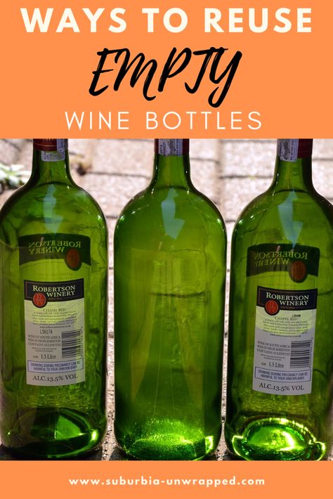 Don't throw out empty wine bottles! These DIY wine bottle crafts and other creative ways to reuse wine bottles will help you reduce your carbon footprint and save money. Why buy new when you can reuse a glass bottle from home instead? #frugallivingtips #winebottlecrafts #houseandhome #homemakingtips #upcycling #EarthDayIdeas Large Wine Bottle Crafts, Recycle Wine Bottles Ideas, Green Bottle Crafts, Empty Wine Bottle Ideas, Decorating With Wine Bottles, Empty Wine Bottle Crafts, Diy Wine Bottle Crafts, Wine Bottle Flowers, Bottle Lamp Kit