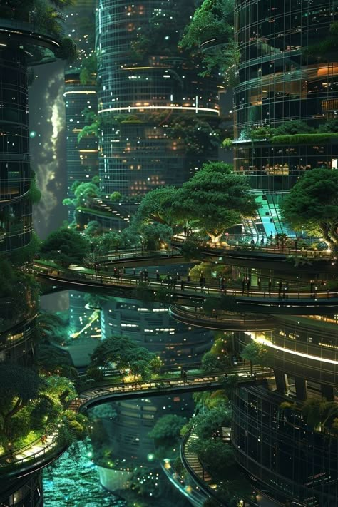 Dystopian Architecture Concept, Futuristic Forest City, Sci Fi World Concept Art, Sci Fi City Aesthetic, Futuristic City Landscape, Futuristic Nature City, Eco Cyberpunk, Scifi City Concept Art, Solarpunk Wallpaper