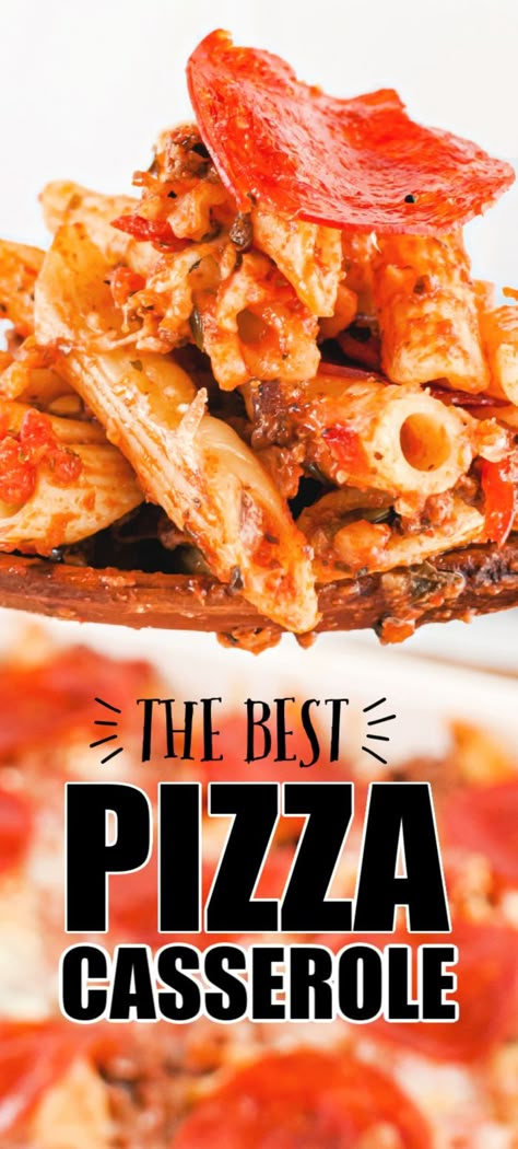 Pizza Casserole is all your favorite ingredients in one dish as you combine penne pasta, pizza flavors, gooey cheese, and top it with pepperoni -- just like a pizza! It's so easy to create this incredible, simple meal. #pizzacasserole #casserole #easycasserole #pepperoni #pizzapasta #easyrecipe #quickdinner #kidsloveit Best Pizza Casserole, Pepperoni Pasta Bake, Pizza Pasta Casserole Recipe, Easy Pizza Casserole, Pizza Casserole Recipe, Pizza Pasta Casserole, Baked Penne Pasta, Pepperoni Recipes, Pizza Pasta Bake