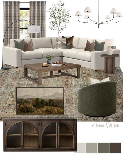 Family Room With Beige Sectional, Green As A Neutral, Brown Green Cream Living Room, Lounge Room Mood Board, Green Brown Aesthetic Living Room, White Living Room Brown Couch, Green Modern Farmhouse Living Room, Green And Cream Decor, Living Room Board Inspiration