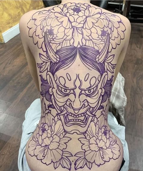 Japanese Tattoos Back Piece, Hannya Mask Back Tattoo, Hannya Chest Tattoo, Oni Mask Tattoo Back, Hannya Back Tattoo, Tattoos Female Back, Full Back Tattoo Women Japanese, Japanese Back Piece Tattoo, Traditional Hannya Mask Tattoo