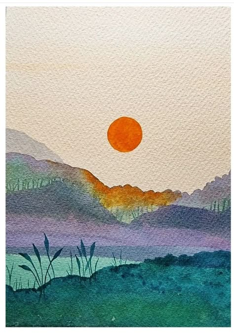 Easy Impressive Watercolor, Water Paint Landscape, Water Colour Land Scapes Easy, Watercolour Landscape Simple, Watercolor Churches Simple, Watercolour Art Easy, Watercolor Art Paintings Landscape, Watercolor Art Night, Watercolor Paintings Easy For Beginners