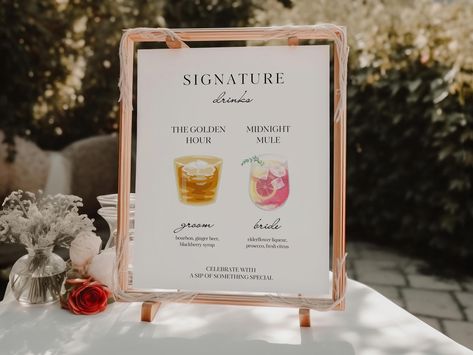 Wedding Signature Drinks Sign Template, Elegant Bar Menu Sign, Editable Modern Bar Menu, Digital Download, ADELINE by RoyalTemplatesShop on Etsy Specialty Cocktail Sign, Signature Drink Sign Wedding, Signature Wedding Drinks Sign, Bar Sign Wedding, Elegant Signature, Drink Illustration, Cocktail Names, Bar Menu Sign, Cocktail Sign