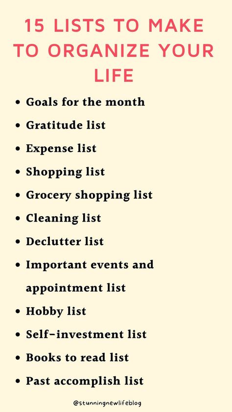 Self Improvement Tips- 15 Lists To Make Every Single Month To Organize Your Life, 15 Lists To make at the beginning of the month | Writing lists | Time management | Organization planning | Life management | Planner tips | Organizing time | Getting things done | How to be more organized | Monthly organizing list | Organize your life by creating these 15 lists at the start of the month. #organization #liststowrite #liststomake #mothly #list Organizing List, Start Of The Month, Management Organization, How To Be More Organized, Organizing Time, Organization Planning, Lists To Make, Organize Your Life, Daily Habits