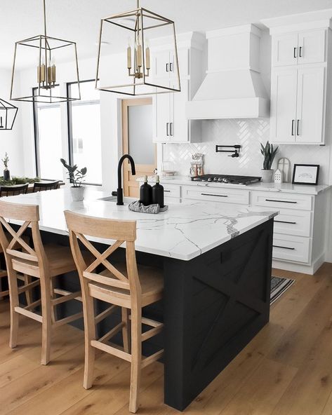 Amanda + Drew on Instagram: “I couldn’t commit to an all white kitchen so we made our island black! I love how it turned out! We have semi-custom cabinets from…” Black Island, Black Kitchen Island, Modern Kitchen Design Open Concept, All White Kitchen, White Modern Kitchen, Kitchen Inspiration Design, Modern Farmhouse Kitchens, Counter Tops, Updated Kitchen