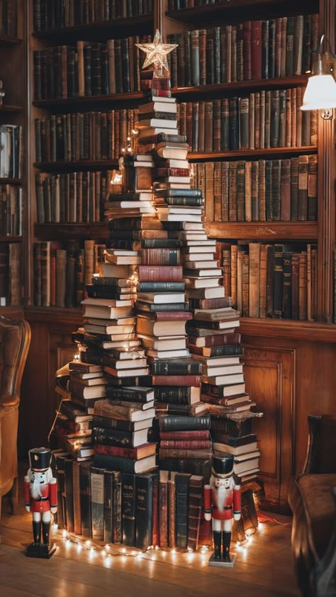 Stacked book Christmas tree with lights and star in a cozy library setting