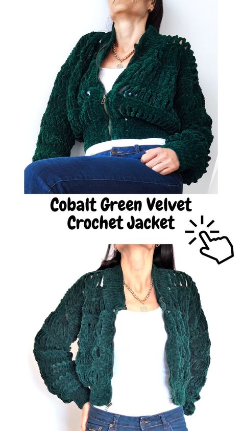 Cobalt Green Velvet Bomber Jacket Zip Up, Crochet Cardigan Sweater, Y2K, crochet shrug, Streetwear - Modern Crochet This Cobalt Green Velvet Bomber Jacket Zip Up is very soft and stylish! Design by Martima Atan, this is a very extravagant and cozy garment. It can be a very great and fun gift for your loved ones. This crochet cardigan/sweater is a 100% unique thing that will delight you for many years. Y2k Crochet, Sweater Y2k, Crochet Cardigan Sweater, Crochet Shrug, Crochet Jacket, Modern Crochet, Y2k Streetwear, Crochet Cardigan, Green Velvet