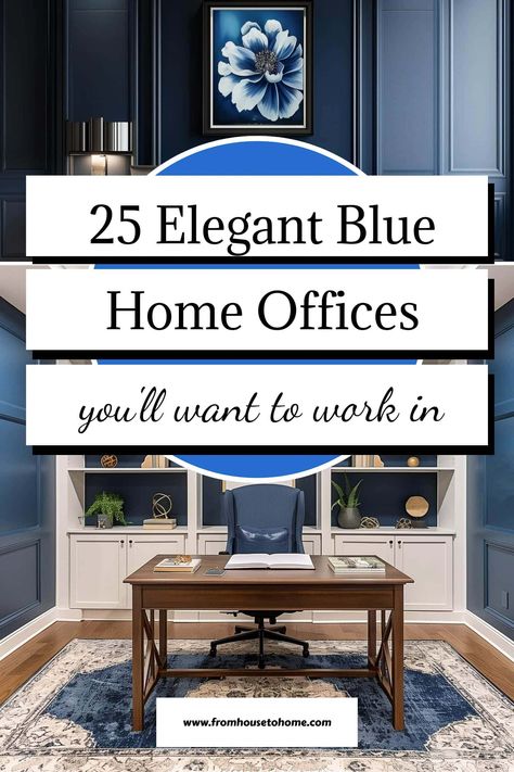 25 elegant blue home offices you'll want to work in Blue Desk Home Office, Small Blue Office Ideas, Navy Wall Office, Navy Blue And White Home Office, Blue Accent Wall Office Ideas, Home Office Navy Blue, Navy Walls Office, Home Office Navy Walls, Navy Study Room