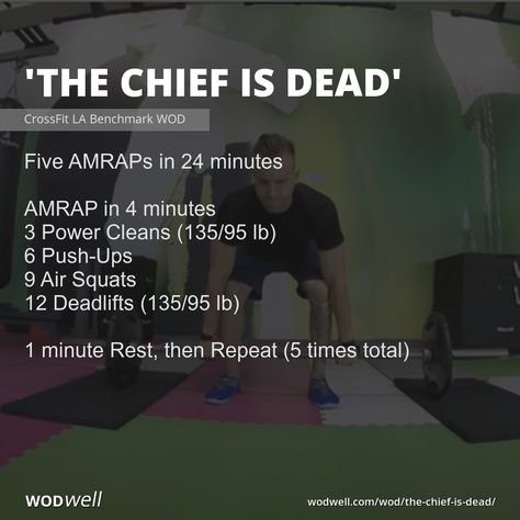 Score is total rounds and reps completed in all 5 AMRAP cycles. “The Chief is Dead” is a benchmark WOD based on the popular CrossFit Hero WOD, “The Chief.” The movements and the interval style are similar but this version adds 12 deadlifts (“deads,” hence the name) per round and a full extra minute per AMRAP cycle. Crossfit Benchmark Workouts, Benchmark Wods Crossfit, Amrap Crossfit Workouts, Crossfit Amrap Workout, Deadlift Wod Crossfit, Hero Crossfit Workouts, Full Body Wod Crossfit, Crossfit Hero Wod, Kettlebell Wod Crossfit