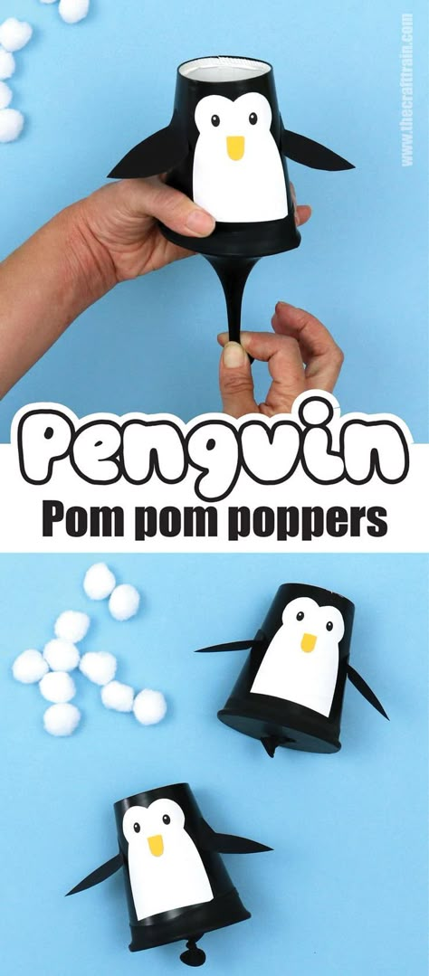 pom pom shooter made to look like a penguin Winter Camp Ideas For Kids, Easy Crafts For Holidays, December Crafts For Kids Elementary, Arctic Fox Crafts For Toddlers, Kids Penguin Crafts, 2nd Grade Holiday Craft Ideas, Penguin Activity Preschool, Winter Classroom Crafts For Kids, P Is For Penguin Craft