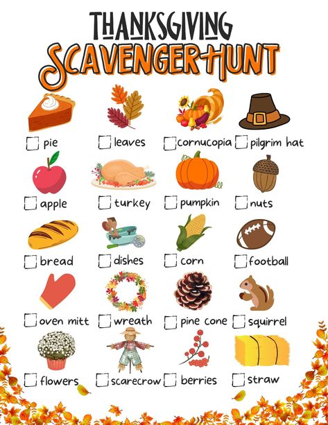 Thanksgiving Scavenger Hunt For Kids, Friendsgiving Activities, Thanksgiving Scavenger Hunt, Fun Thanksgiving Games, Fall Scavenger Hunt, Thanksgiving Leaves, Thanksgiving Games For Kids, Scavenger Hunt Printable, Thanksgiving Dinner Party