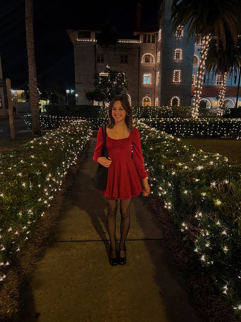 Valentine's Day Dress For Women, Red Dress Holiday Outfit, Holiday Dress Aesthetic, Winter Graduation Shoes, Black And Red Dress Short Forholiday, Christmas Dress Shoes, Shoes With Tights Dress, Red Winter Dress Outfit, Red Heels Black Dress