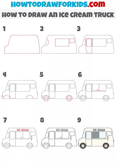 Ice Cream Truck Drawing, Food Truck Drawing, Kids Painting Class, Van Drawing, Draw Ice Cream, Easy Draw, Learn To Sketch, Toddler Ideas, Ice Cream Cart