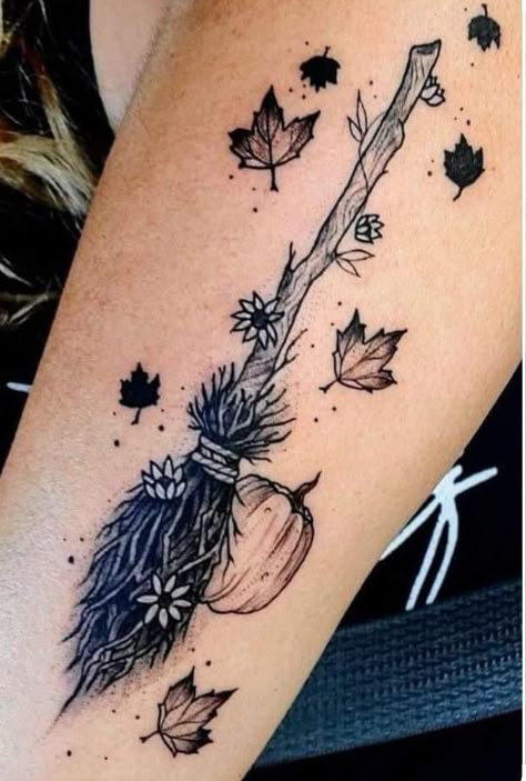 Ghost Tattoos With Pumpkin, Women Halloween Tattoo, Fall Sleeve Tattoos For Women, Halloween Tree Tattoo Ideas, Spooky Fall Tattoos, Fall Halloween Tattoo Ideas, Fall Tattoos Autumn, Tiny Witchy Tattoos For Women, Delicate Witchy Tattoo