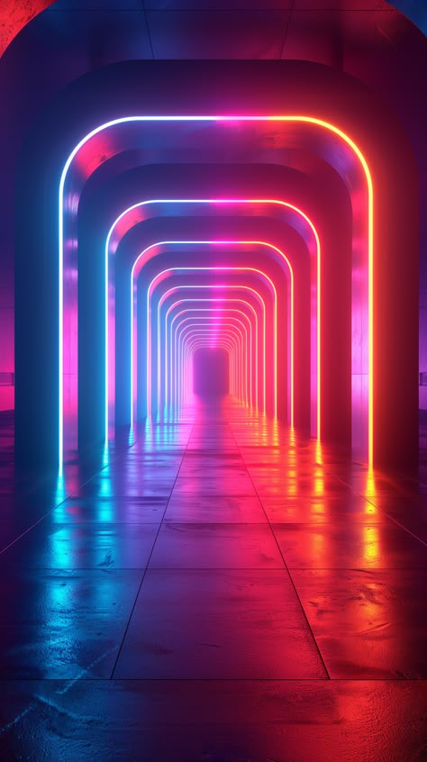 Step into the future. Perfect for iPhone and Android users looking to add a sci-fi touch to their day with just a swipe! 🚀 Neon Space Aesthetic, Dance Stage Background, Neon Light Background, Lighting Mood Board, Cyberpunk Background, Neon Tunnel, Tunnel Wallpaper, Synthwave Aesthetic, Synth Wave