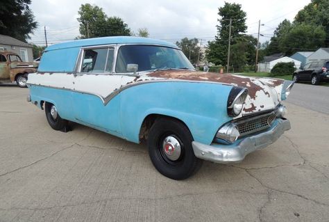 The 1950s Ford Courier was a 2-door sedan delivery vehicle. This 1955 example has been sitting for two decades but runs and needs brakes and paint. #Courier, #Ford Sedan Delivery, Ford Courier, Mustang Fastback, Ford Fairlane, Cargo Van, Ford Cars, Barn Finds, Rear Seat, Body Style