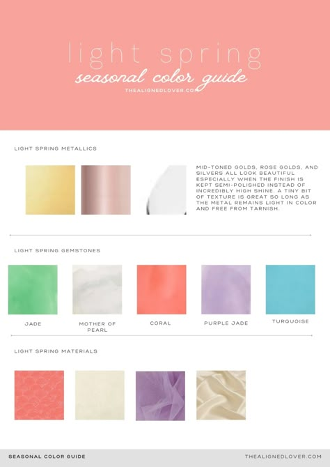 Guide to the Light Spring Seasonal Color Palette | The Aligned Lover Spring Seasonal Color Palette, Spring Skin Tone, Light Spring Palette, Light Spring Color Palette, Seasonal Color Palette, Spring Skin, Light Spring Colors, True Spring, Spring Color Palette